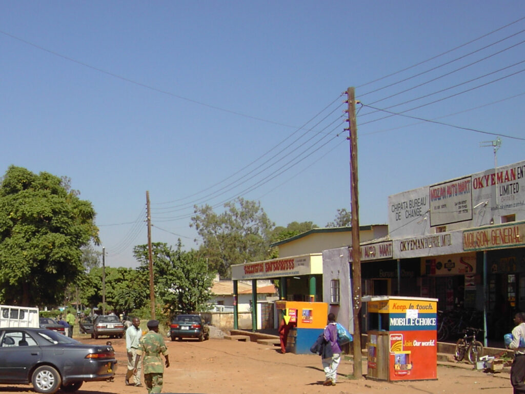 Shops along the Great East Road in Chipata town, Eastern Province, Zambia.