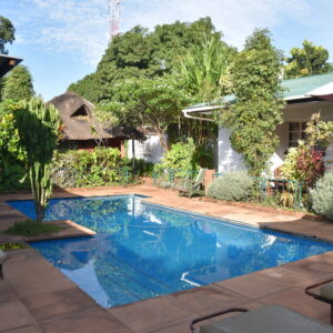 The swimming pool at Tabonina Guesthouse in Livingstone, Zambia.