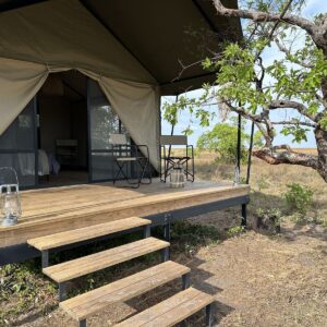 A raised tented room at Liuwa Camp on the Liuwa Plain, Zambia.
