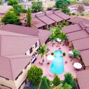 Aerial view of the pool courtyard and guest wings at Mika Hotel Kabulonga, Lusaka