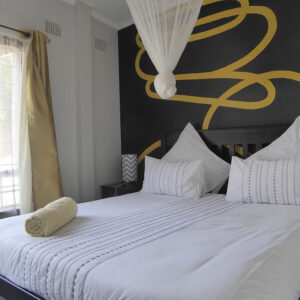 A private twin room at Natwange Backpackers in Lusaka, with a draped mosquito net and a painted feature wall