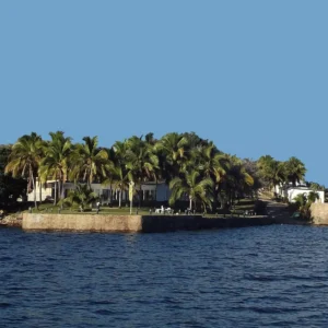 The palm-covered peninsula occupied by Lake Safari Lodge, seen from Lake Kariba