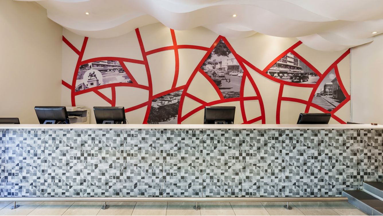 The reception area of the Protea Hotel by Marriott Lusaka Cairo Road, Zambia.