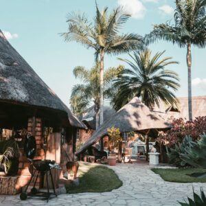 Шале с соломенными крышами и мощёный центральный двор Kabwe Safari Lodge в обрамлении высоких пальм