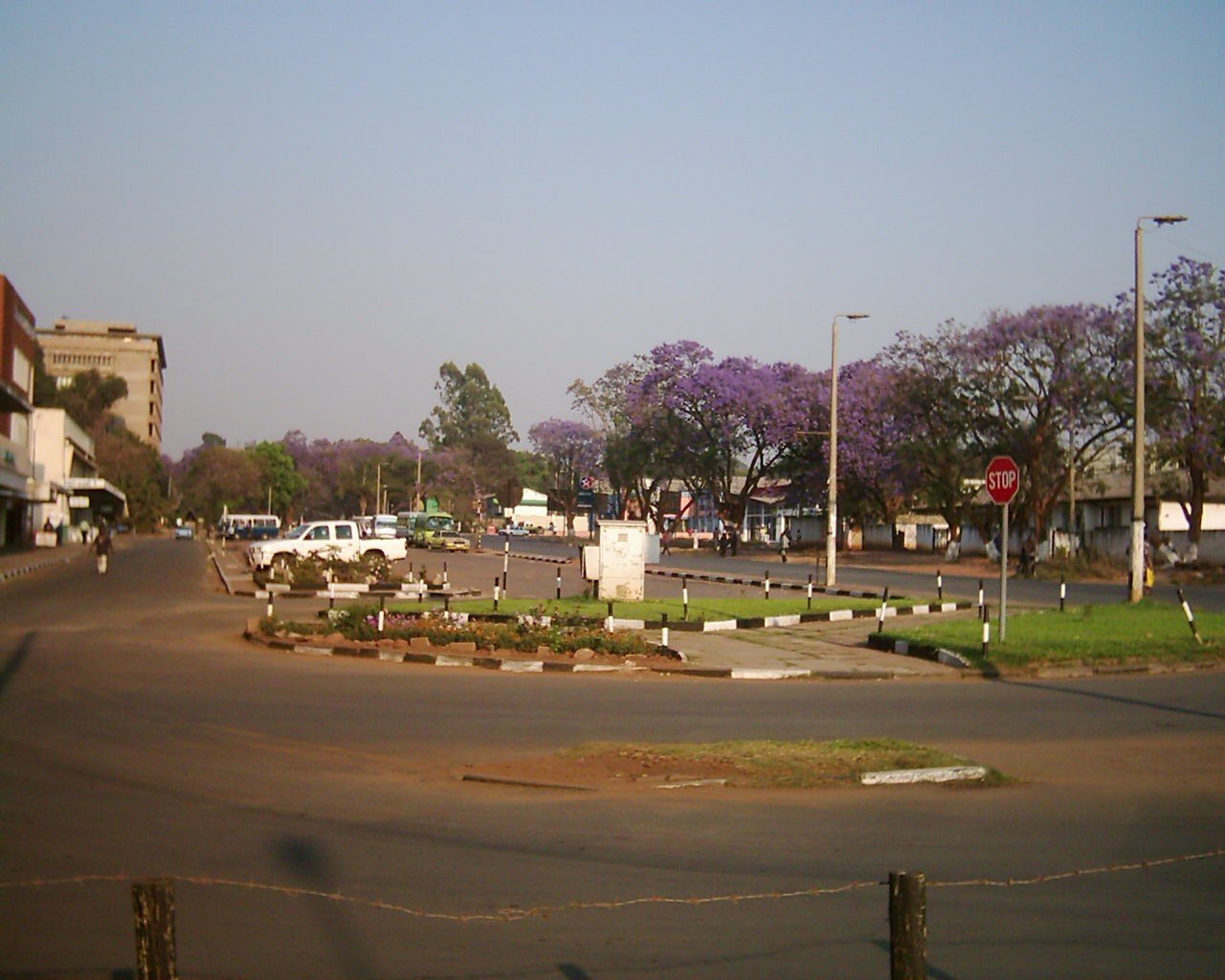 A wide street lined with flowering jacaranda trees in central Ndola on the Zambian Copperbelt. Context photograph of the town around Mukuba Hotel, not of the property itself.