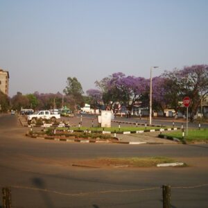 A wide street lined with flowering jacaranda trees in central Ndola on the Zambian Copperbelt. Context photograph of the town around the Protea Hotel, not of the property itself.