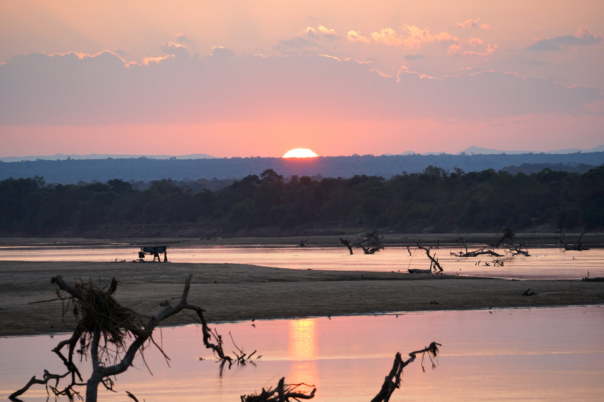 Sunset over the Luangwa River, the heart of the Luangwa Valley in eastern Zambia