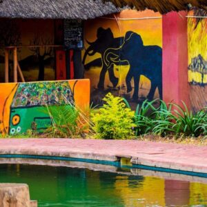 Edifícios de alojamento no Zinga Backpackers em Livingstone, Zâmbia.